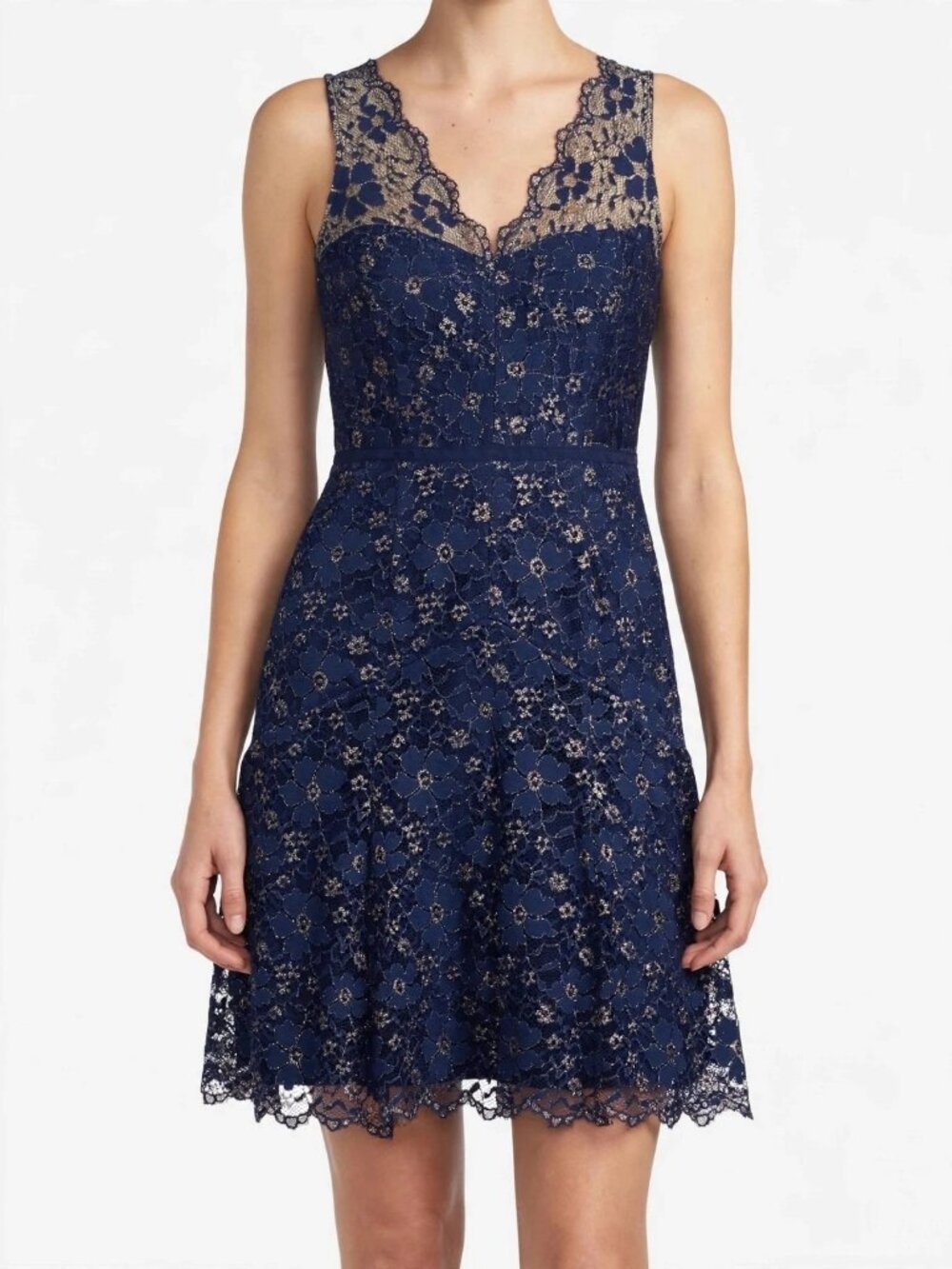 Maggy London Navy Gold Floral Lace Sleeveless Cocktail Dress Sz 8 Lined